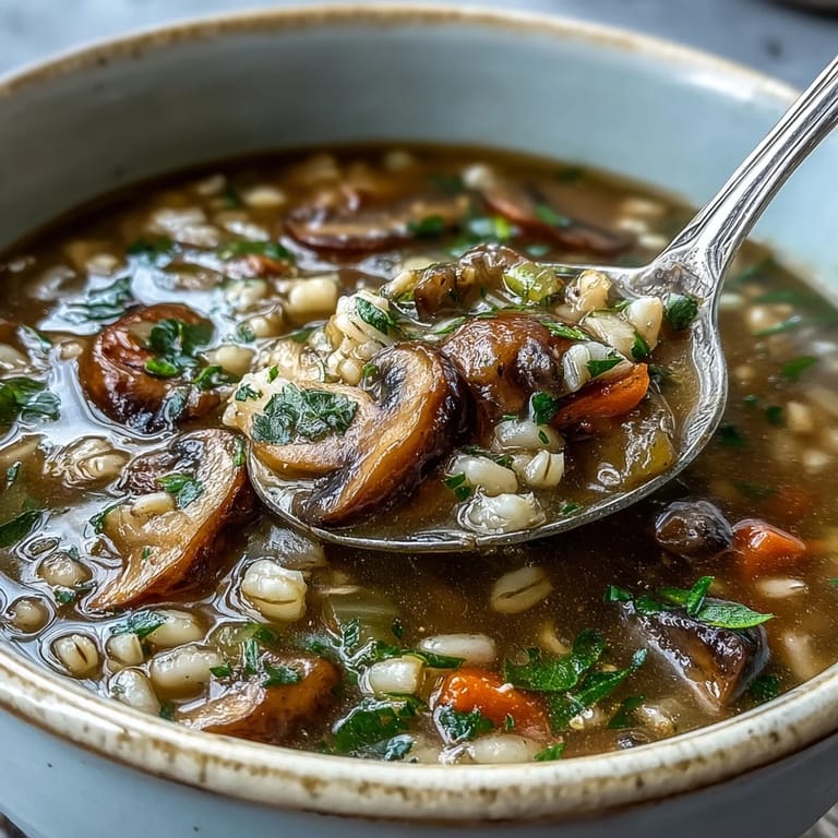 Mushroom Barley Soup simmering in a pot with diced carrots, celery, and fresh herbs, ready to be served hot.
