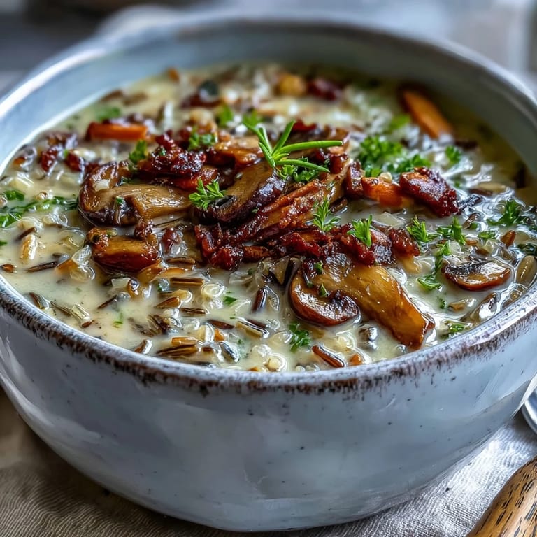 Earthy wild rice and sautéed wild mushrooms swim in a rich, aromatic broth, served hot with a rustic spoon.
