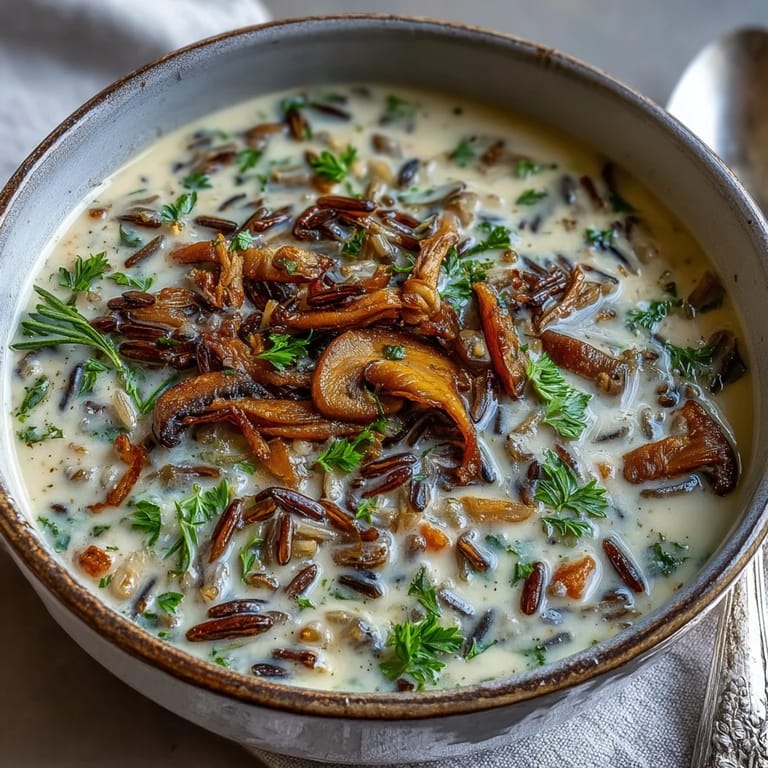 A warm bowl of homemade Wild Rice Mushroom Soup topped with thyme, ready to serve with crusty bread on the side.