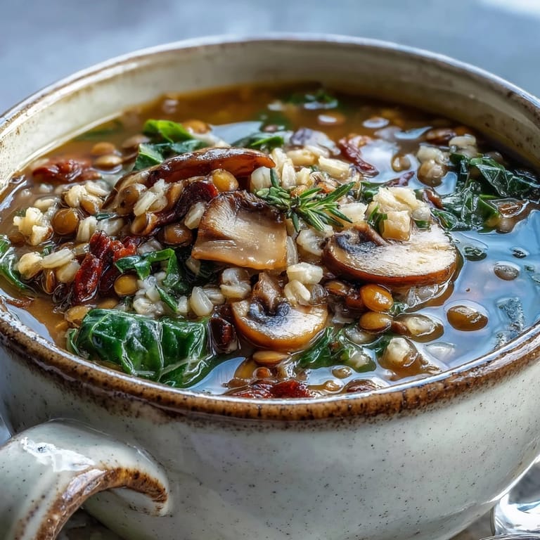 Ladling the hot Double Lentil and Mushroom Barley Soup, rich with collard greens and smoked paprika.