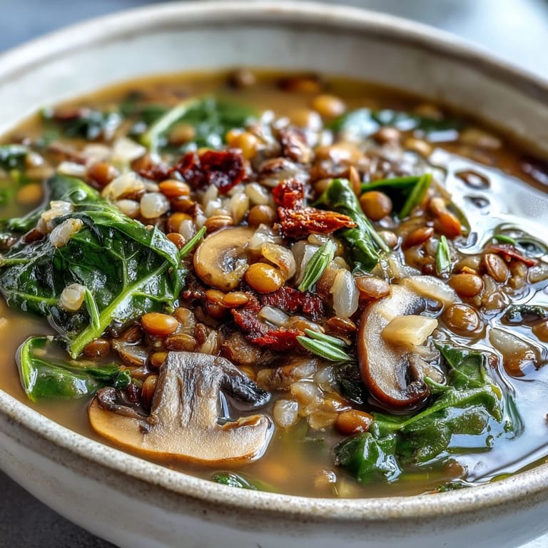 Close-up of Double Lentil and Mushroom Barley Soup in a rustic bowl next to crusty bread.