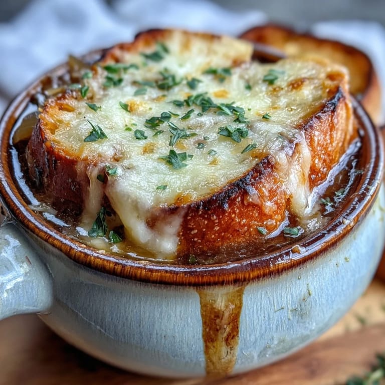 Classic French Onion Soup with deeply caramelized onions and a rich golden broth in rustic style.