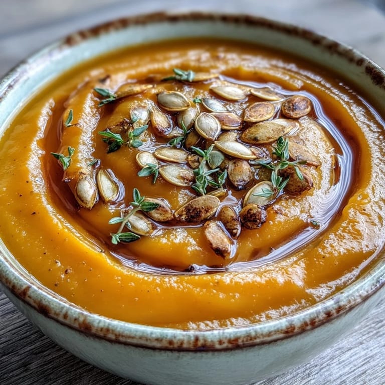 Creamy butternut squash soup with golden swirls of coconut milk and a sprinkle of fresh thyme on top.  