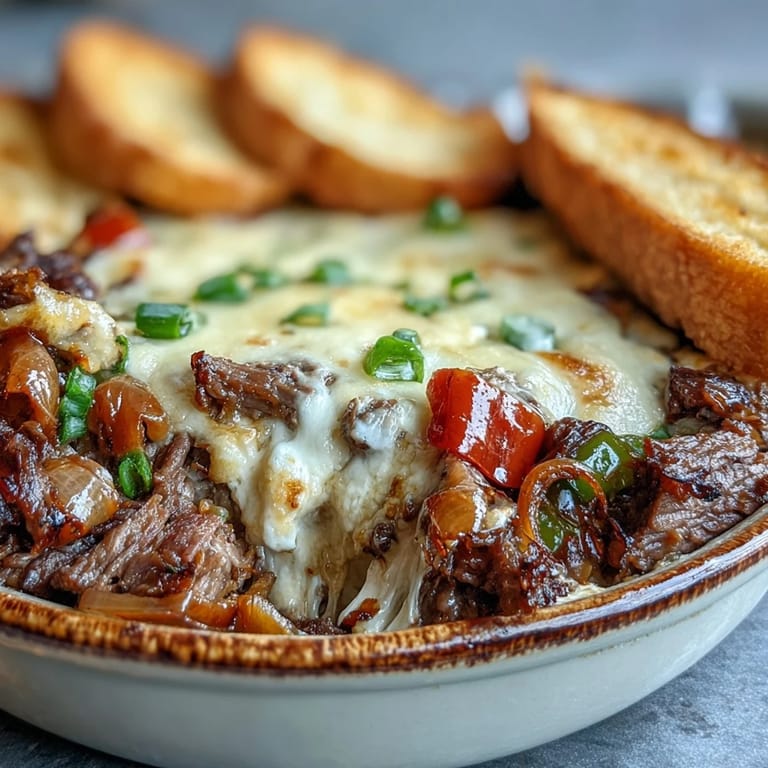 Creamy Philly Cheesesteak Dip with shaved ribeye, sautéed peppers and onions, and melted provolone, ready to be scooped with sturdy tortilla chips.