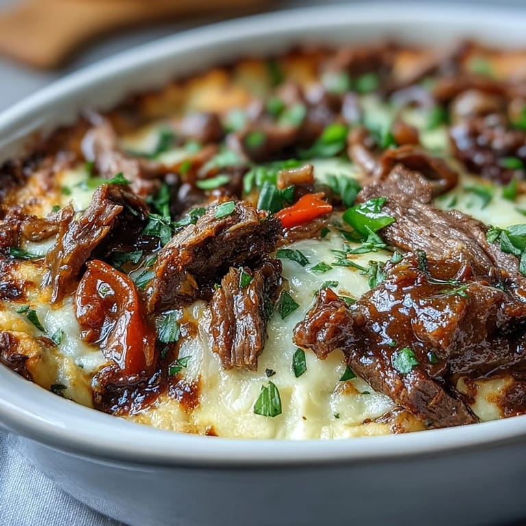 Freshly baked Philly Cheesesteak Dip with golden, cheesy topping alongside sliced bell peppers and a rustic loaf for a game-day appetizer spread.
