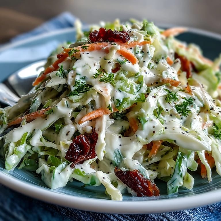 Freshly tossed Coleslaw With Creamy Dressing showcasing crisp cabbage ribbons and shredded carrots glistening with a tangy, rich dressing.