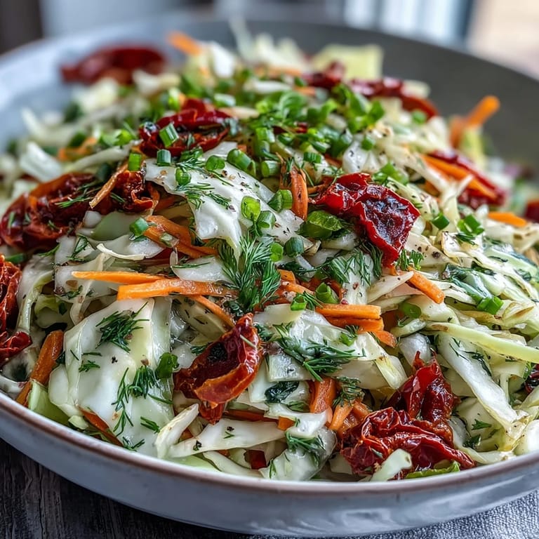 Forkful of fresh Cabbage Salad With Sundried Tomatoes featuring sun-dried tomatoes, crisp bell peppers, and a bright vinaigrette, ready to serve.