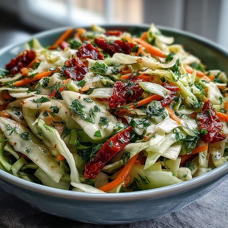 Bowl of colorful Cabbage Salad With Sundried Tomatoes mixed with julienned carrots and fresh herbs, a refreshing side for any meal.