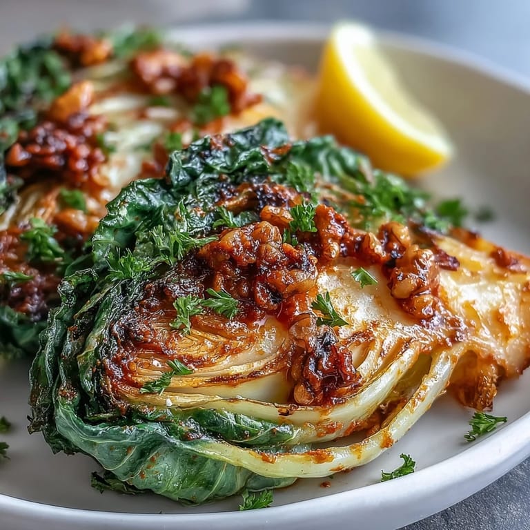 Tender roasted cabbage wedges topped with vibrant red Winter Romesco sauce and fresh parsley garnish.