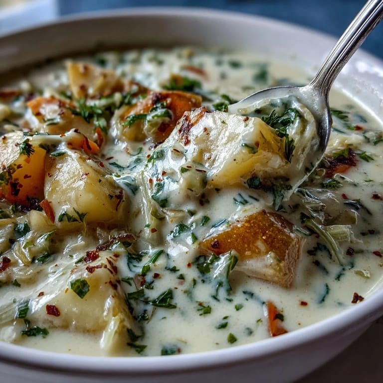 A ladle of velvety Creamy Potato Soup with Cabbage pours from the pot. 