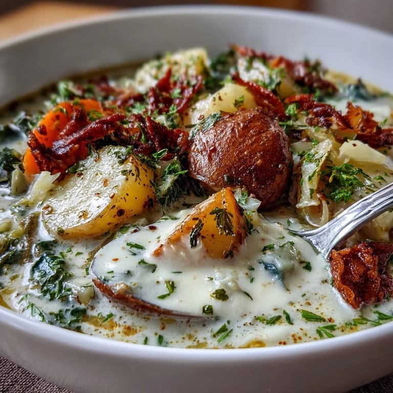 Creamy Potato Soup with Cabbage served hot with crusty bread on the side.