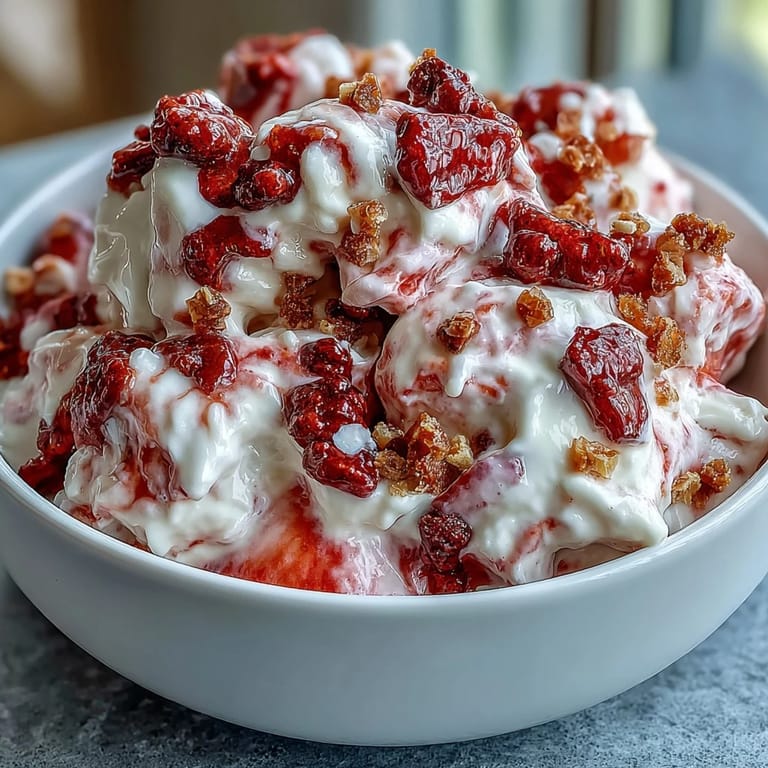Homemade Strawberry & Banana Yoghurt Clusters ready to eat, showing a cross-section of creamy Greek yogurt studded with freeze-dried fruit and a honey drizzle.