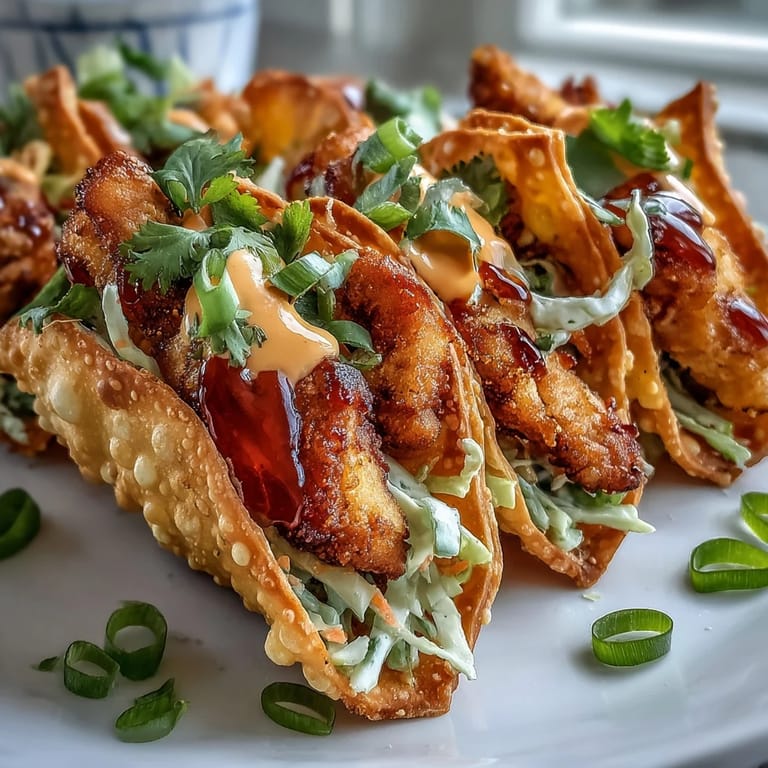 Twelve spicy Crispy Chicken Wonton Tacos arranged on a platter with fresh cilantro and lime wedges for squeezing.