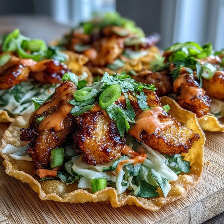 Close-up view of a Crispy Chicken Wonton Taco showing smoky spices on chicken and bright shredded red cabbage.