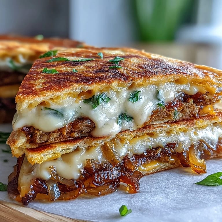 Cheesy Griddled Smashburger Quesadillas on a platter with tangy mayo-mustard sauce, pickles, and fresh cilantro garnish.