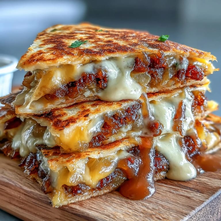 Griddled Cheesy Griddled Smashburger Quesadillas resting on a wooden board, steam rising from crispy edges and juicy patties.