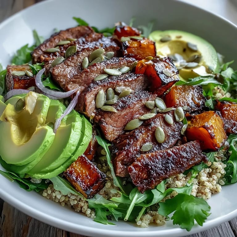 Savory butternut squash steak bowls served with smoky seared steak, creamy avocado, peppery greens, and a bright lime dressing.