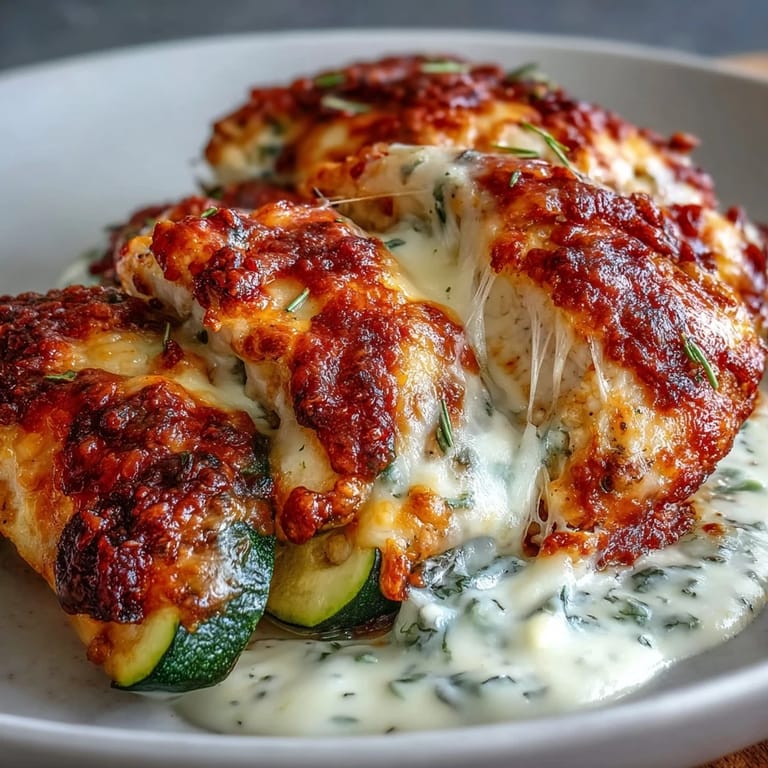 Hot High Protein Chicken Zucchini Bake comes out of the oven, showing melted mozzarella and Parmesan over layered chicken and zucchini.