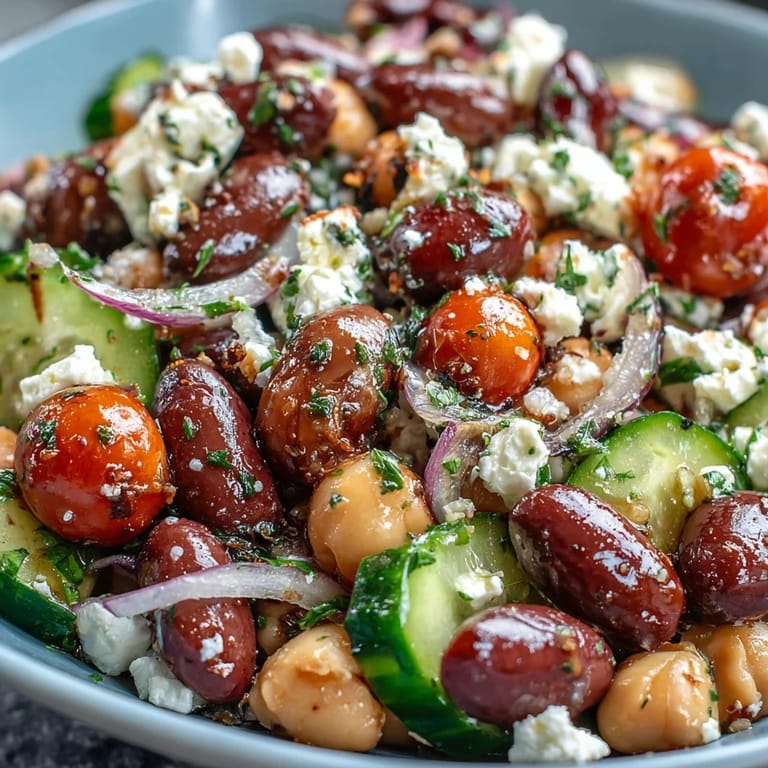 Close-up of Greek Bean Salad with Lemon Marinated Beans, showing juicy tomatoes, olives, and cucumbers.
