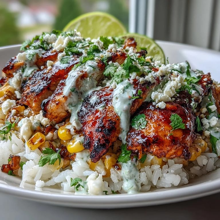 Ready-to-serve Street Corn Chicken and Rice Bowls feature juicy chicken, golden rice, charred corn, creamy crema drizzle, fresh cilantro, and lime wedges for squeezing.