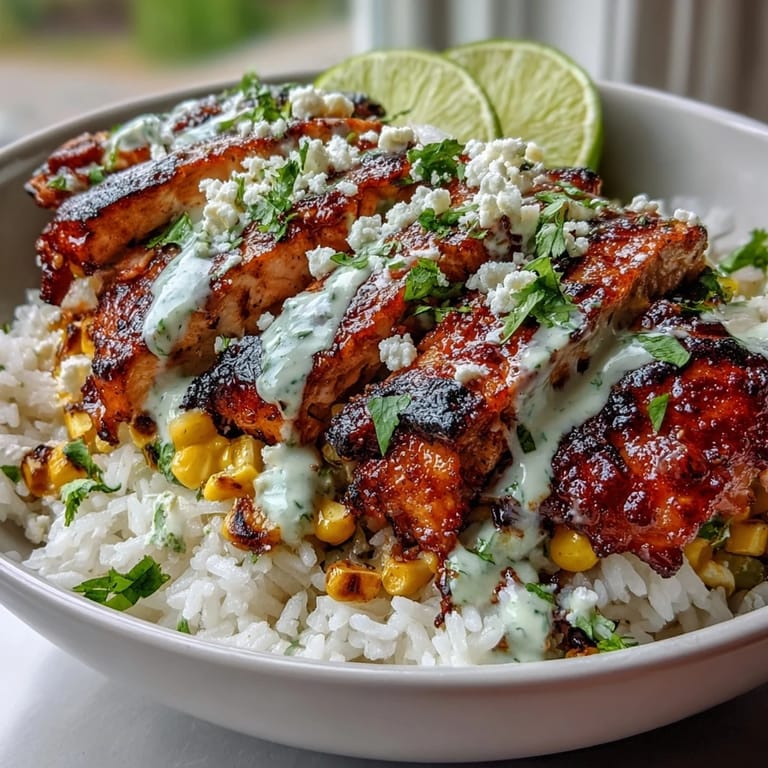 Sizzling Street Corn Chicken and Rice Bowls garnished with crumbled cotija, cilantro, and jalapeños, with warm rice and smoky kernels in a colorful dinner bowl.