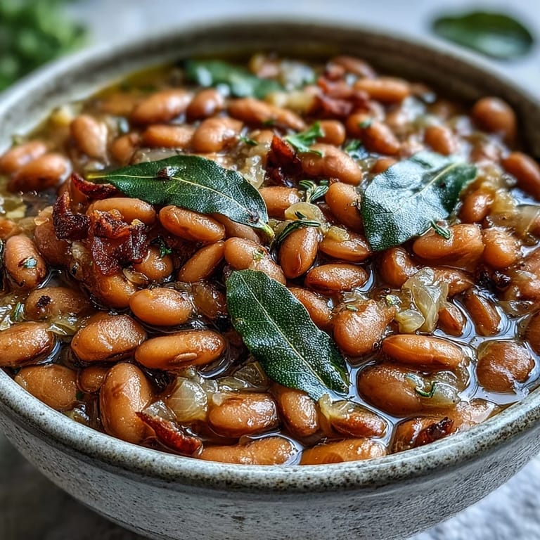 Spoon tender pinto beans into a warm bowl, garnished with fresh cilantro for serving.