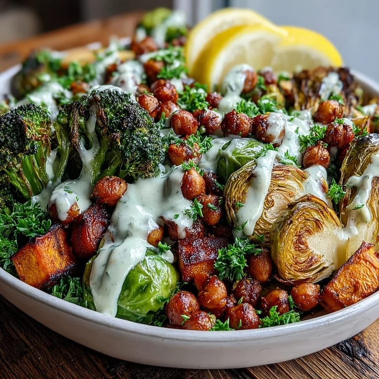 Colorful Roasted Veggie & Chickpea Bowls feature sweet potatoes, Brussels sprouts, and broccoli, topped with savory maple Dijon tahini sauce.
