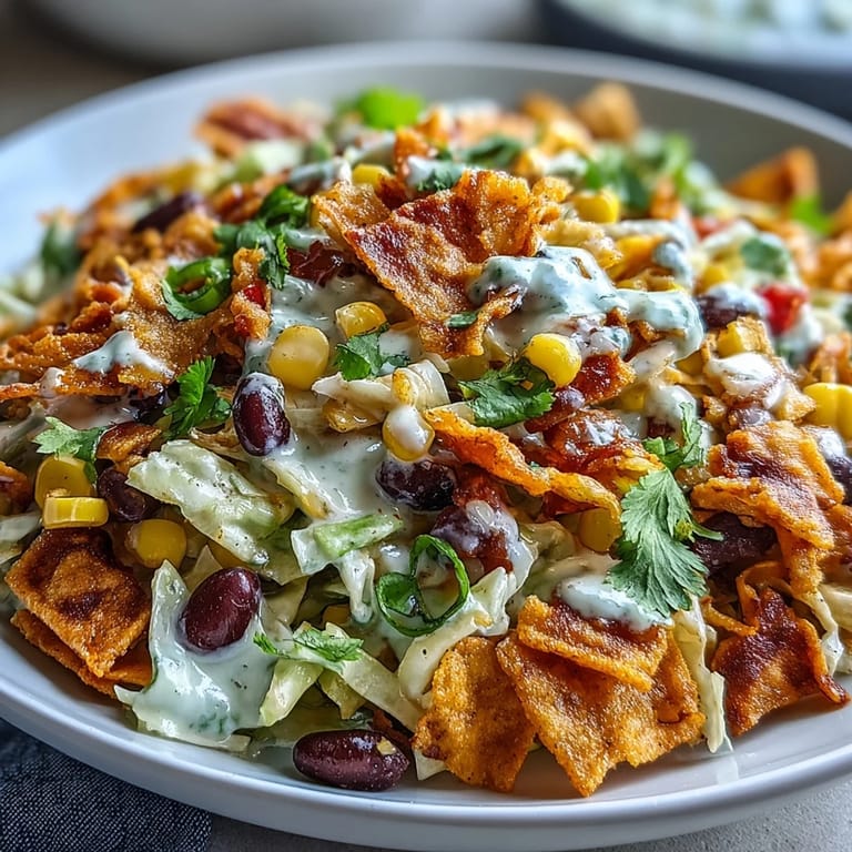 A top-down view of a vibrant Frito Cowboy Cabbage bowl, showcasing Chili Cheese Fritos, jalapeños, green onions, and cilantro tossed in a creamy Southwestern dressing.