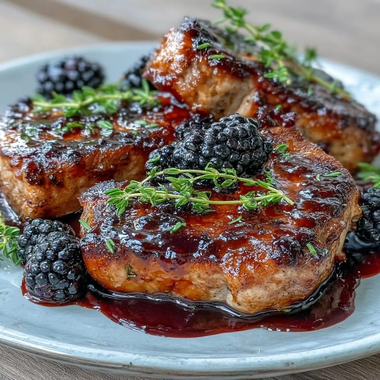 A skillet of Bourbon Blackberry Pork Chops features a rich, shimmering glaze with plump berries.
