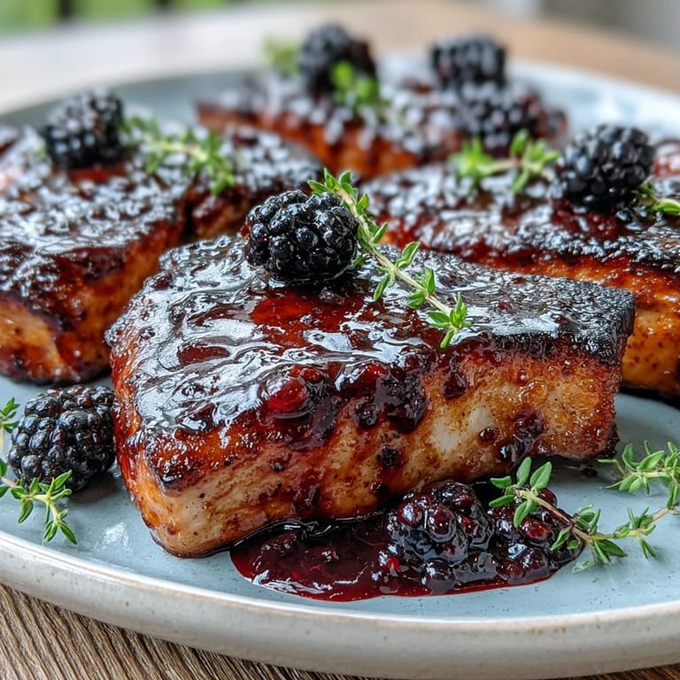 Plated Bourbon Blackberry Pork Chops beside mashed potatoes and salad, drizzled with the sweet and tangy glaze.