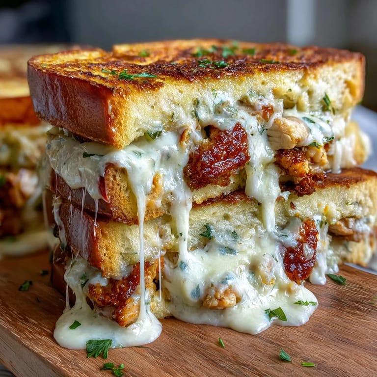 Sliced portions of Chicken Alfredo Garlic Bread are served on a wooden board, ready for dipping into extra sauce.