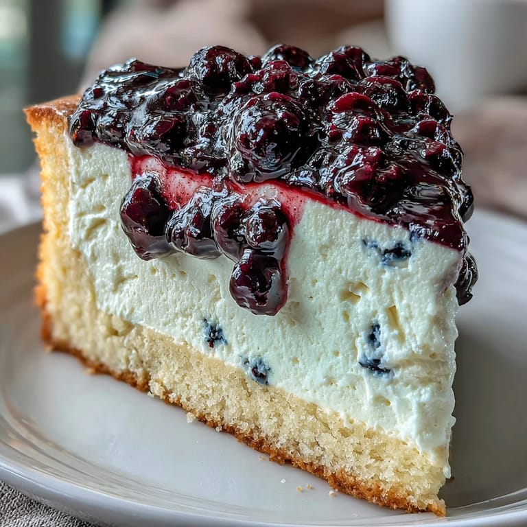 Topped with vibrant blueberry compote swirls, this dessert offers a refreshing, sweet-tart finish.