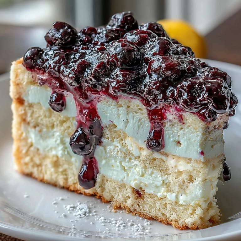 A whole Lemon Blueberry Shortbread Mousse Cake sits garnished with fresh berries and lemon zest.