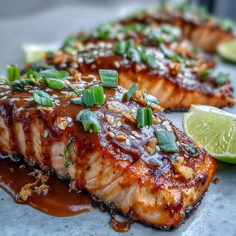 Plated Bang Bang Salmon served over fluffy rice with extra sauce and fresh herbs on the side