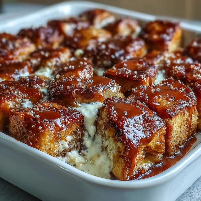 Slices of warm Caramel Cream Cheese French Toast Casserole served on plates with fresh berries.