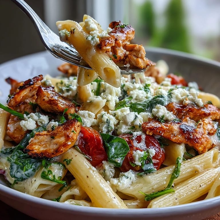 Casserole dish filled with baked Roasted Garlic & Feta Chicken Pasta topped with crumbled feta and fresh parsley.