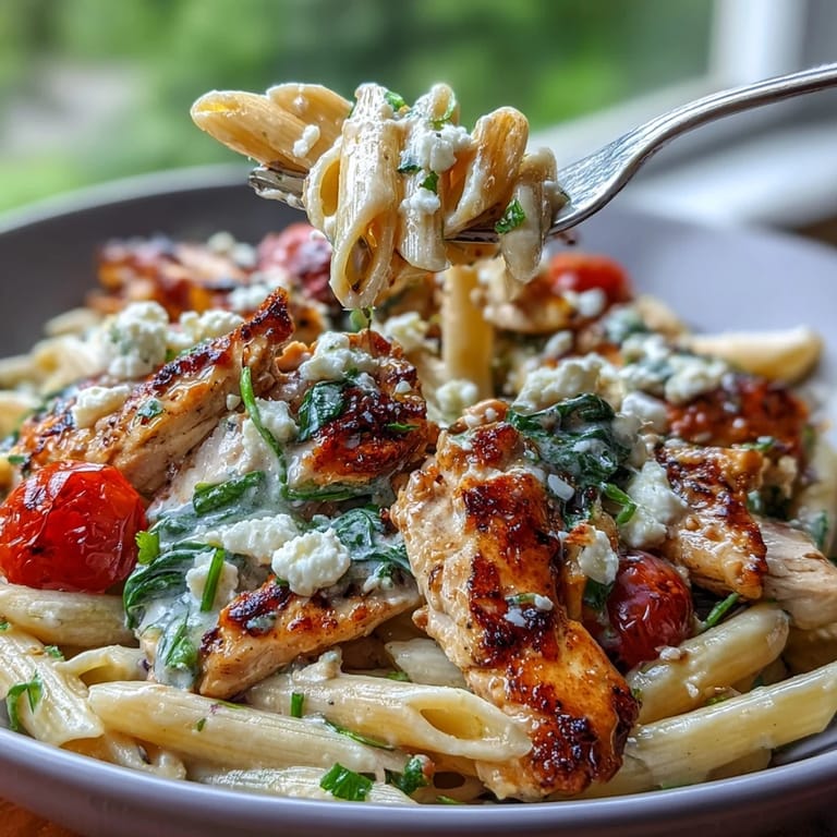 A hearty serving of Roasted Garlic & Feta Chicken Pasta features tender chicken, spinach, and bright lemon zest.