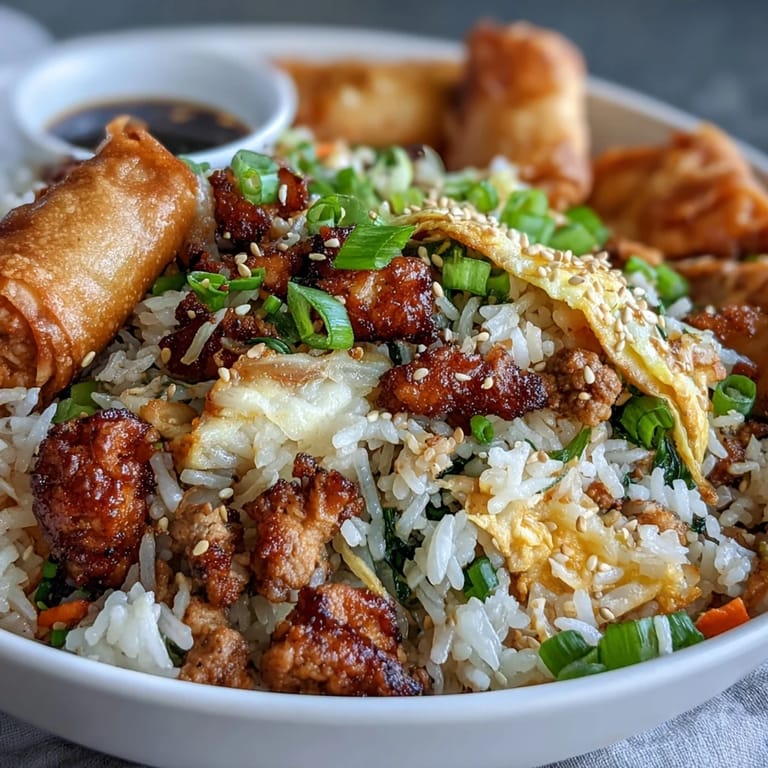 This savory one-pan Crispy Chicken Fried Rice with Egg Roll Flavors combines minced chicken, cabbage, and carrots with fluffy rice, mimicking the crunchy taste of an egg roll.