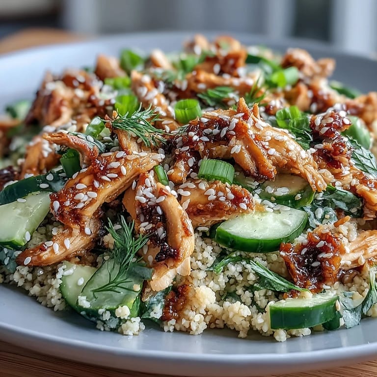 A close-up view of Asian Sesame Chicken Couscous Salad featuring chewy pearl couscous, fresh cilantro, and scallions.