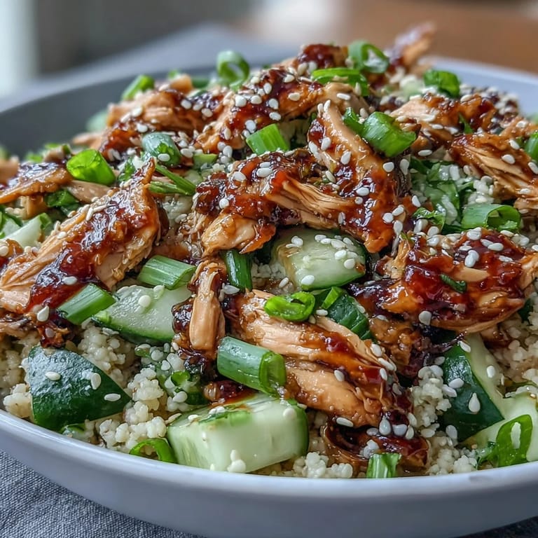 Freshly tossed Asian Sesame Chicken Couscous Salad served in a white bowl, garnished with toasted sesame seeds.