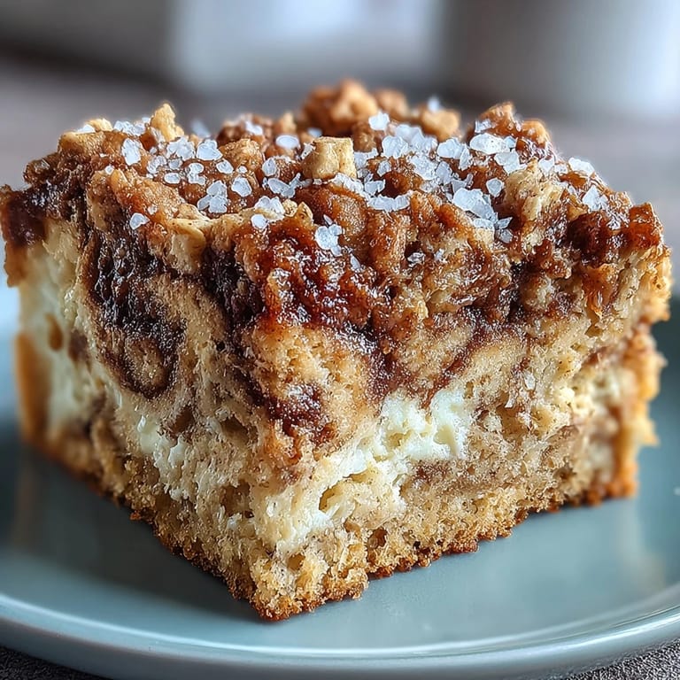 Freshly baked High-Protein Cinnamon Swirl Coffee Cake Oats reveals a marbled cinnamon swirl inside the oats.