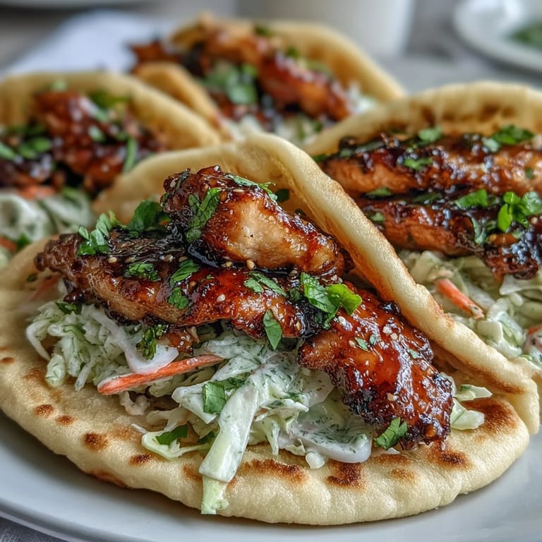 Fresh cilantro and lime wedges accompany eight fully assembled honey garlic naan chicken tacos, each brimming with saucy chicken and creamy slaw on soft flatbread.