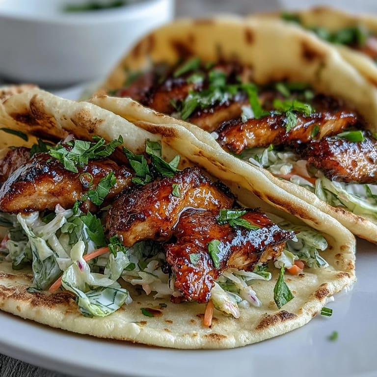 Juicy honey-garlic glazed chicken wrapped in toasted garlic naan, topped with crisp shredded cabbage and carrot slaw, ready to be eaten as handheld fusion tacos.