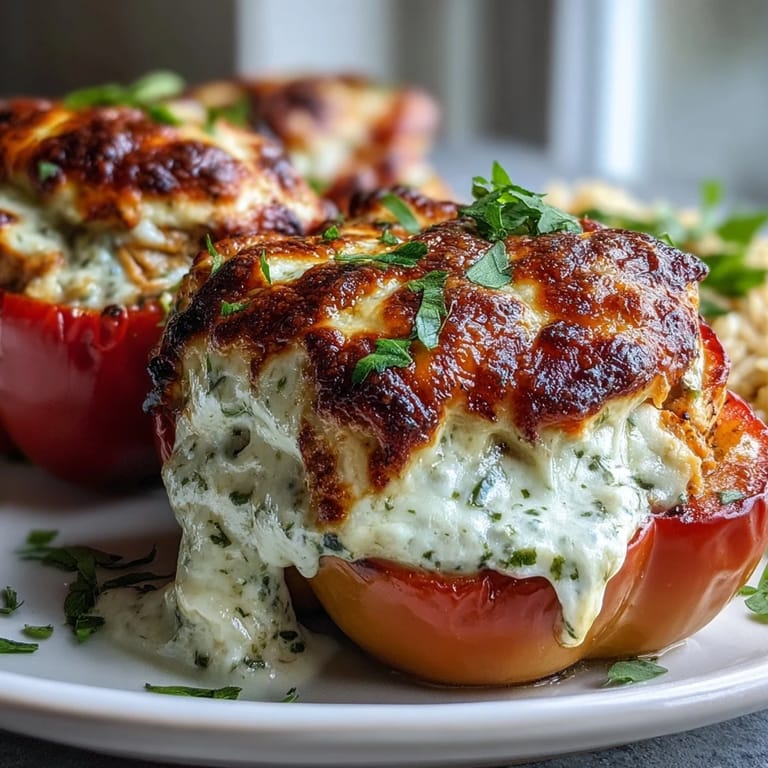 Tender peppers overflowing with savory Garlic Parmesan Chicken Stuffed Peppers, rice, and rich sauce, served hot.