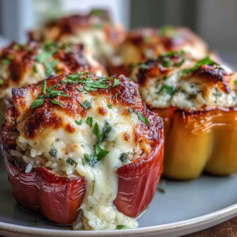 Close-up of Garlic Parmesan Chicken Stuffed Peppers topped with melted mozzarella and fresh parsley, ready to serve.