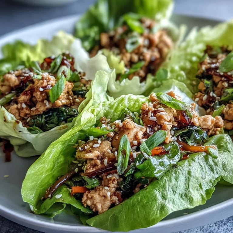 Golden-brown Potsticker-Inspired Chicken Lettuce Boats topped with sesame seeds and green onions on a white plate.