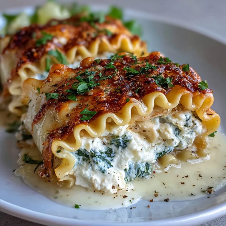 Fresh spinach and creamy ricotta peek from inside each roll, drenched in a rich, sizzling garlic butter sauce.