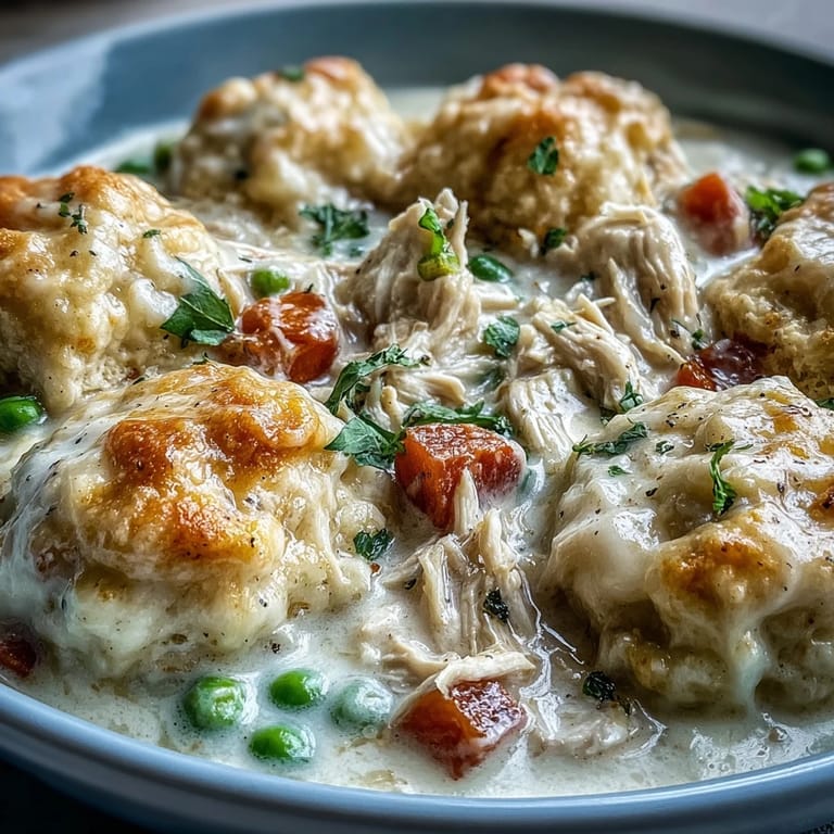 Golden drop biscuits puff above a hearty bowl of Slow Cooker Ranch Chicken & Dumplings, with vibrant peas and carrots peeking through the creamy stew.