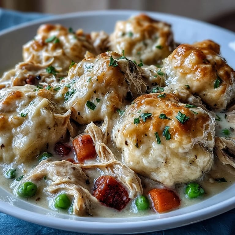 Serving suggestion for Slow Cooker Ranch Chicken & Dumplings, with steam rising from a ladleful of the ranch-infused chicken stew and fluffy dumplings.