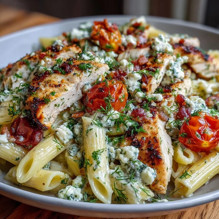 A close look at Roasted Garlic & Feta Chicken Pasta highlights blistered cherry tomatoes, crumbled feta, and tender chicken.